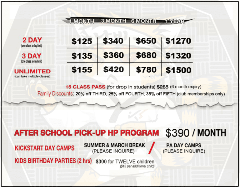 2019/2020 Price List KickStart Taekwondo